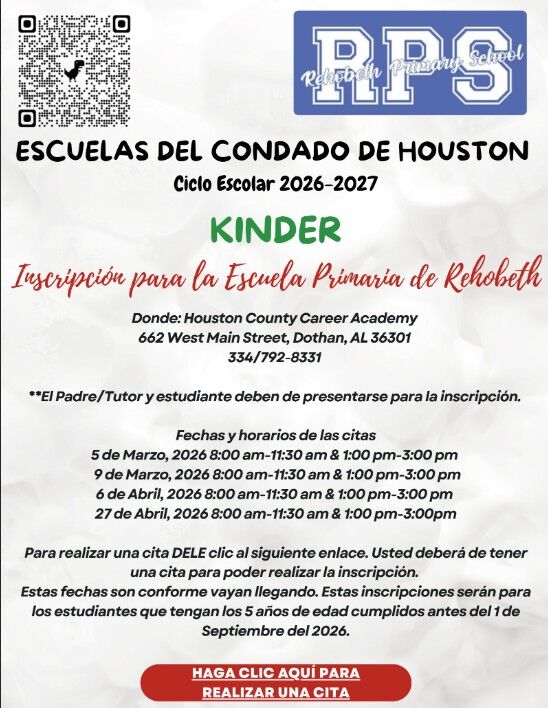 Announcement for Rehobeth Primary School KINDER enrollment for the 2026-2027 school year in Houston County.