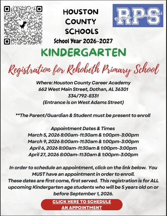 Poster announcing Kindergarten registration for Houston County Schools' Rehobeth Primary School for the 2026-2027 school year.