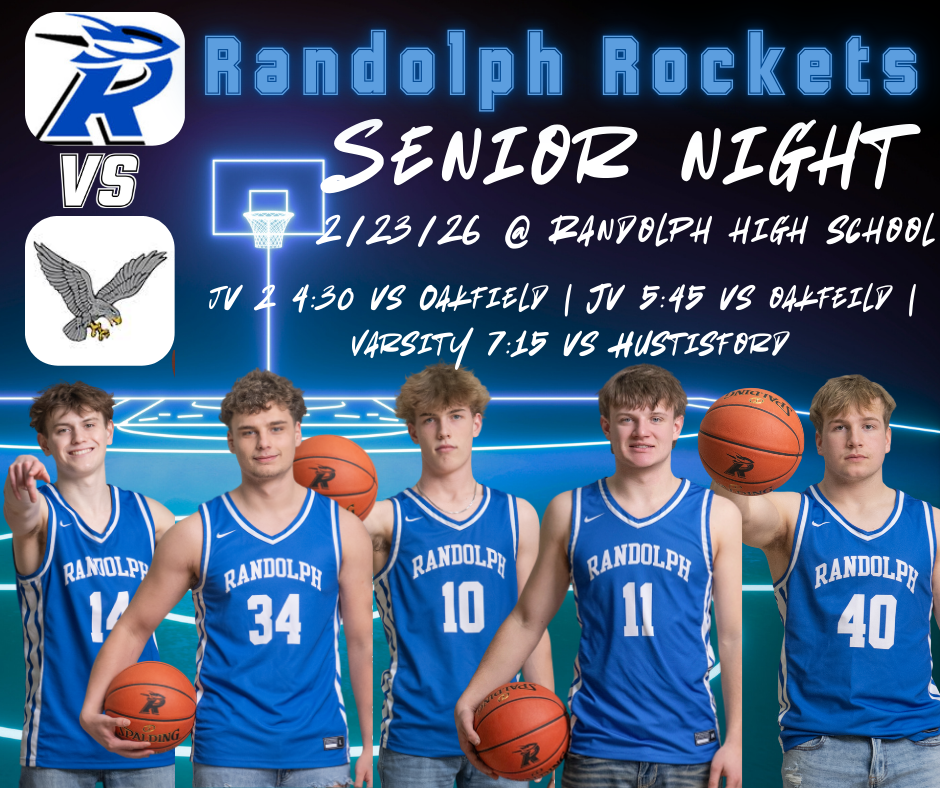 Five young men in Randolph Rockets basketball jerseys pose with basketballs for Senior Night.