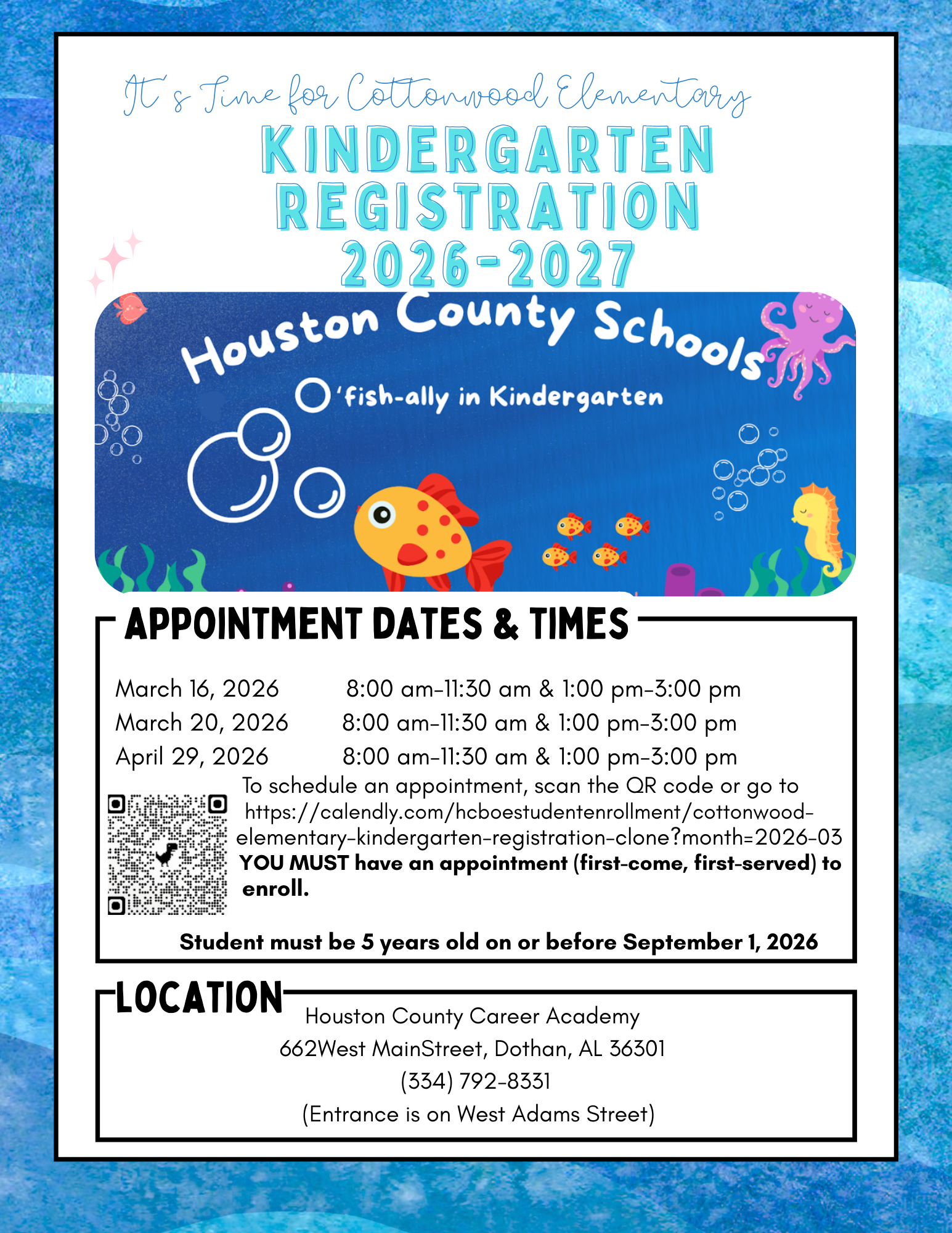 Cottonwood Elementary Kindergarten Registration for 2026-2027 is open, featuring a playful underwater theme with fish and a seahorse.
