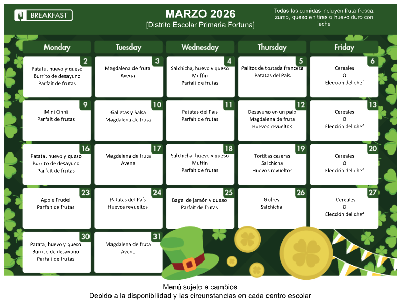 March 2026 breakfast menu for Fortuna Primary School District, featuring daily meal options.