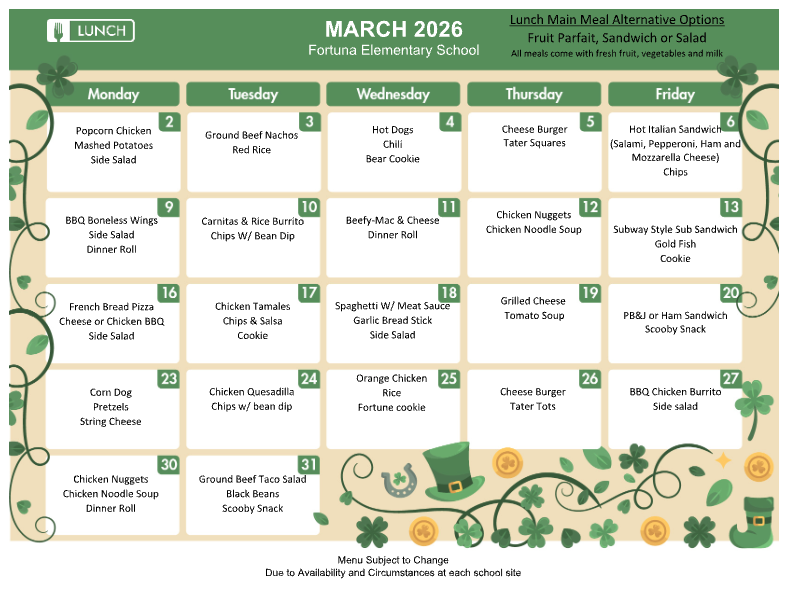 March 2026 lunch menu for Fortuna Elementary School, featuring daily meal options.