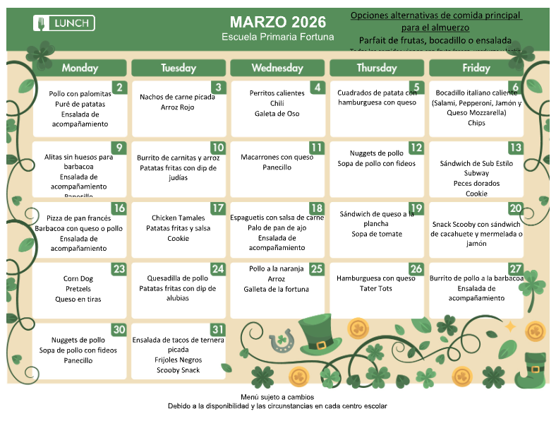 A March 2026 school lunch menu for Escuela Primaria Fortuna, featuring daily meal options.