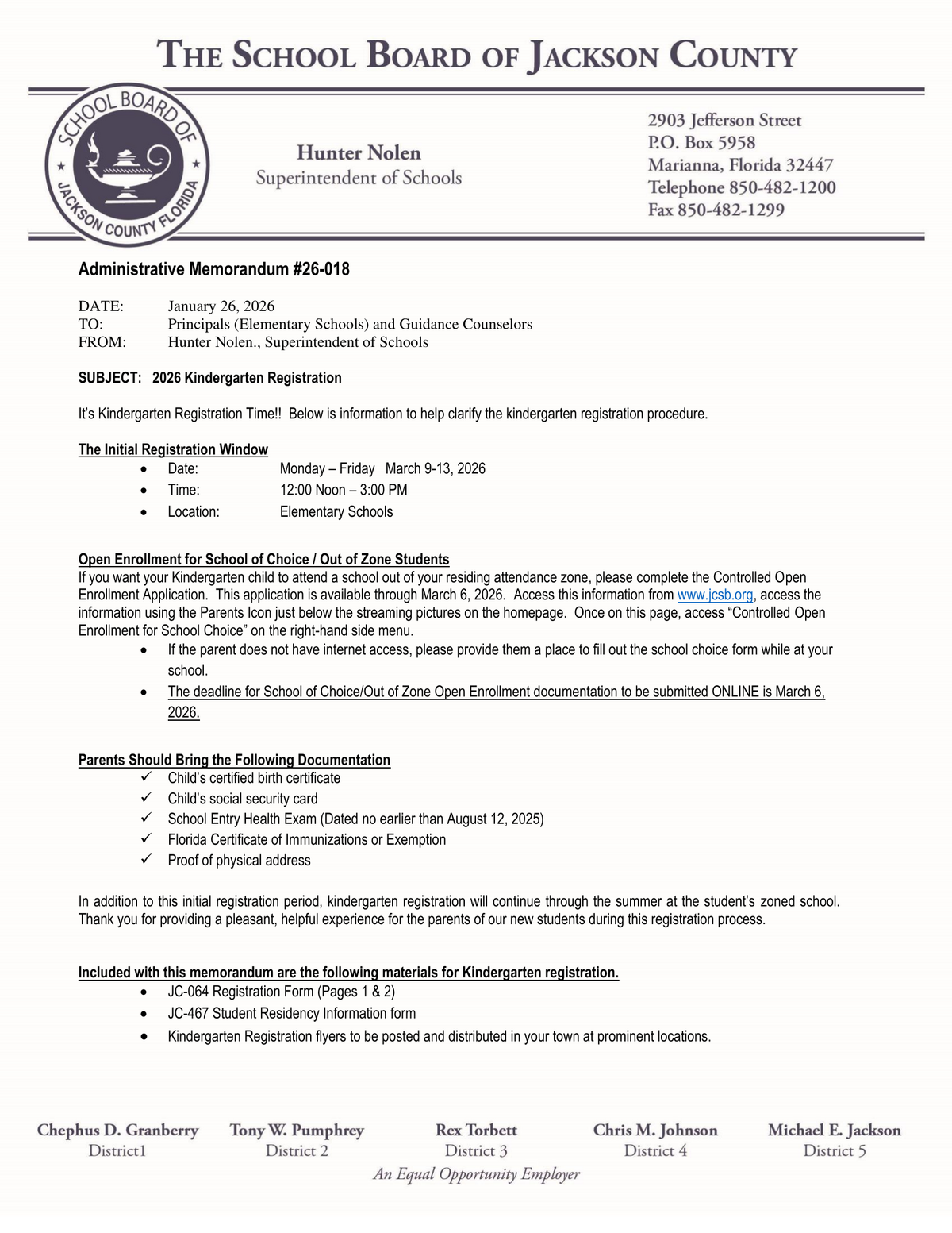 Administrative Memorandum #26-018 from The School Board of Jackson County regarding 2026 Kindergarten Registration.