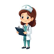 A cartoon nurse in a white coat and cap holds a clipboard.
