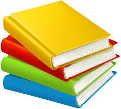 A stack of four colorful books: yellow, red, green, and blue.