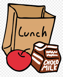 A brown paper lunch bag with the word "Lunch" written on it, next to a red apple and a carton of chocolate milk.