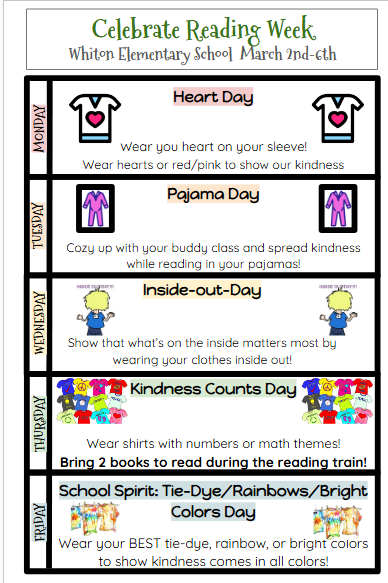Whiton Elementary School's 'Celebrate Reading Week' schedule for March 2nd-6th, detailing daily themes and activities.