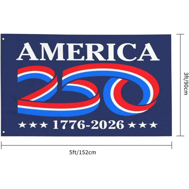 A blue flag displays "AMERICA 250" with red, white, and blue ribbons.