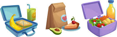 Three lunch arrangements: a blue lunchbox with a banana and sandwich, a brown paper bag with pie and avocado, and a purple lunchbox with salad and juice.