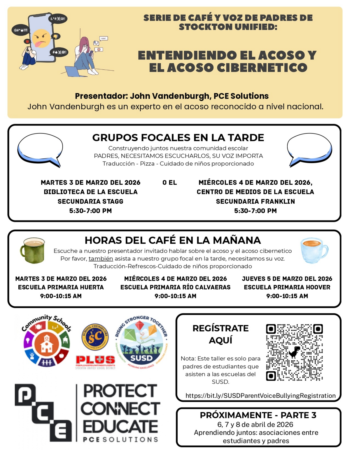 Poster for a series of events titled 'Café y Voz de Padres de Stockton Unified' focusing on understanding bullying and cyberbullying.