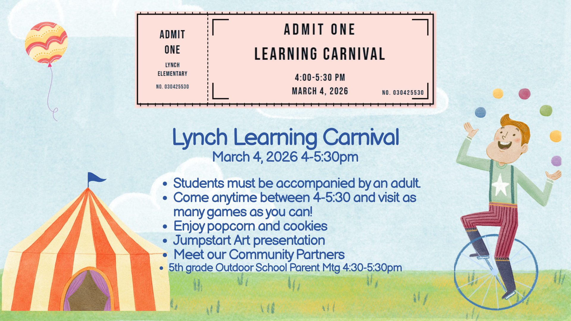 An invitation to the Lynch Learning Carnival on March 4, 2026, featuring a ticket graphic and circus elements.