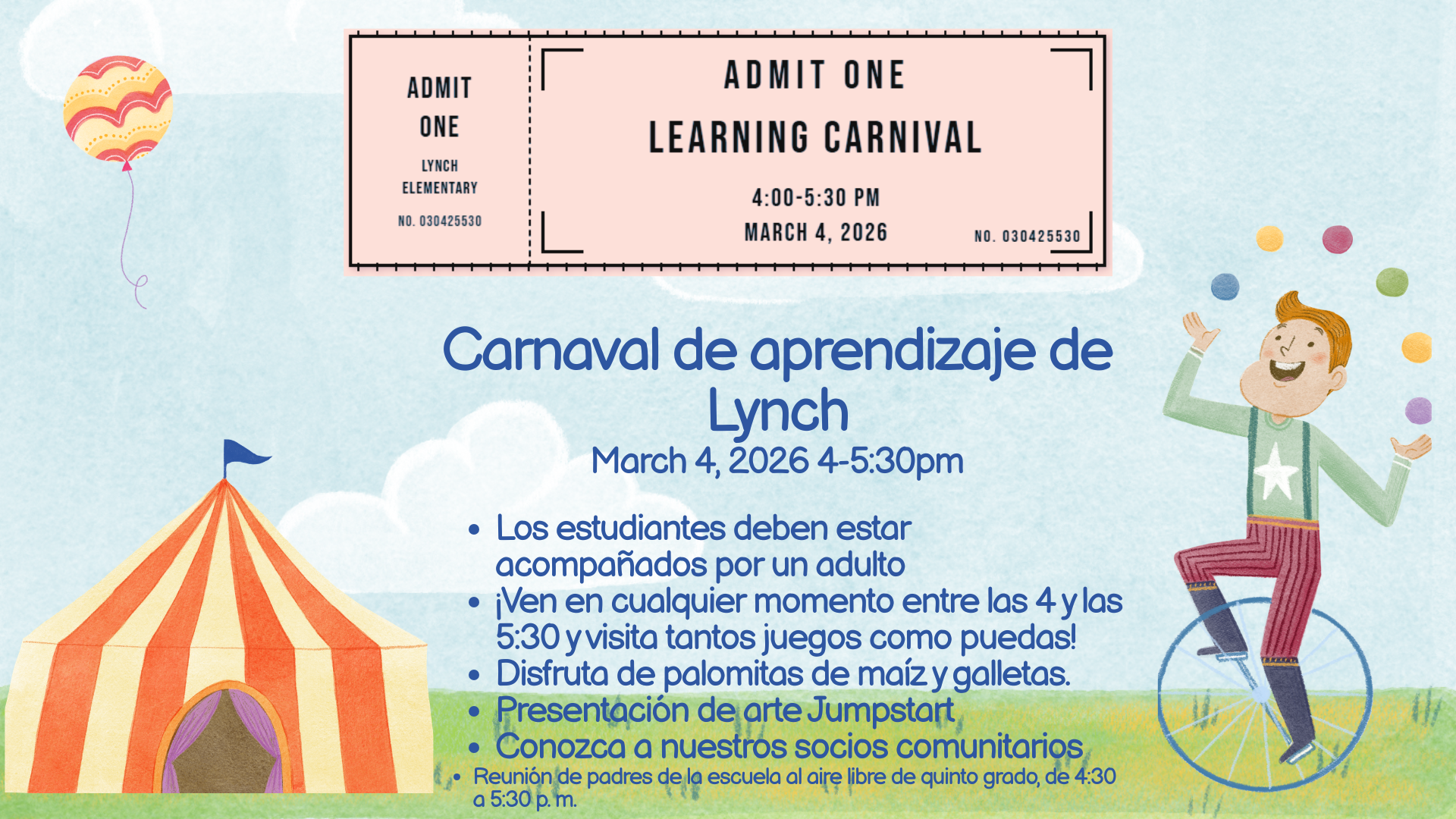 Invitation to Lynch Elementary's Learning Carnival on March 4, 2026, from 4:00-5:30 PM.