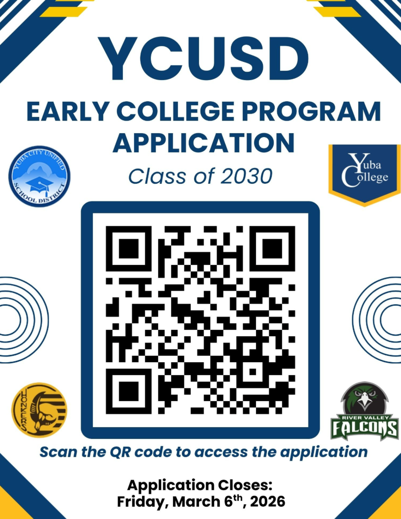 Yuba City Unified School District Early College Program Application for Class of 2030 with QR code.