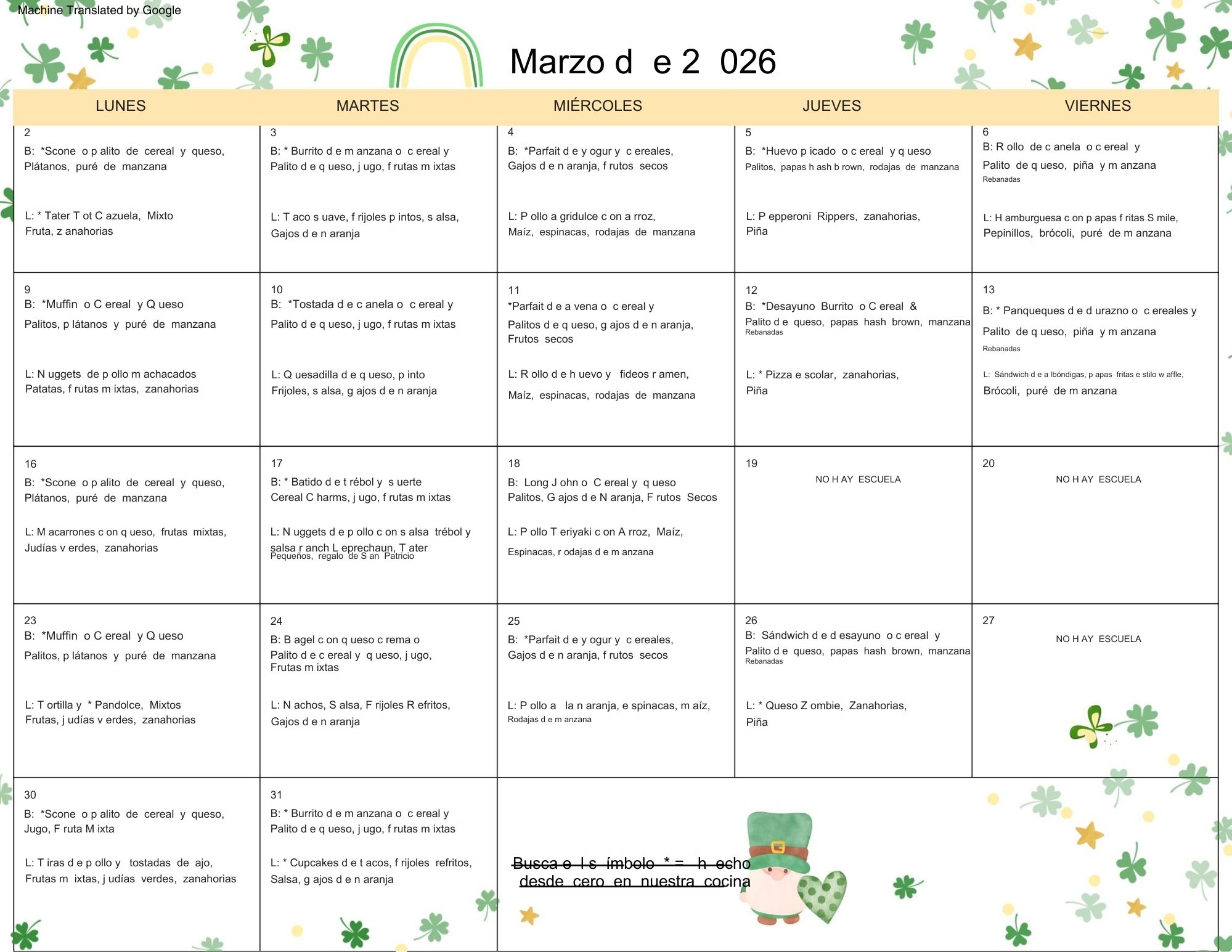 A monthly calendar for March 2026 displays daily meal plans for breakfast (B) and lunch (L) from Monday to Friday.