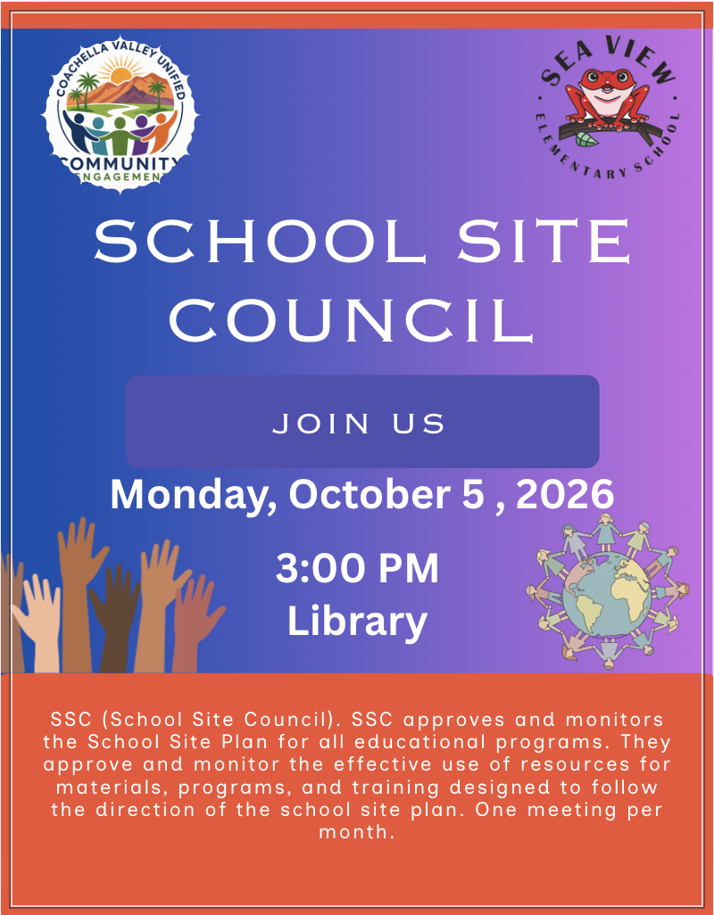 Join us for our School Site Council Meeting on Monday, October 5, 2026 at 3:00 p.m. in the library 
