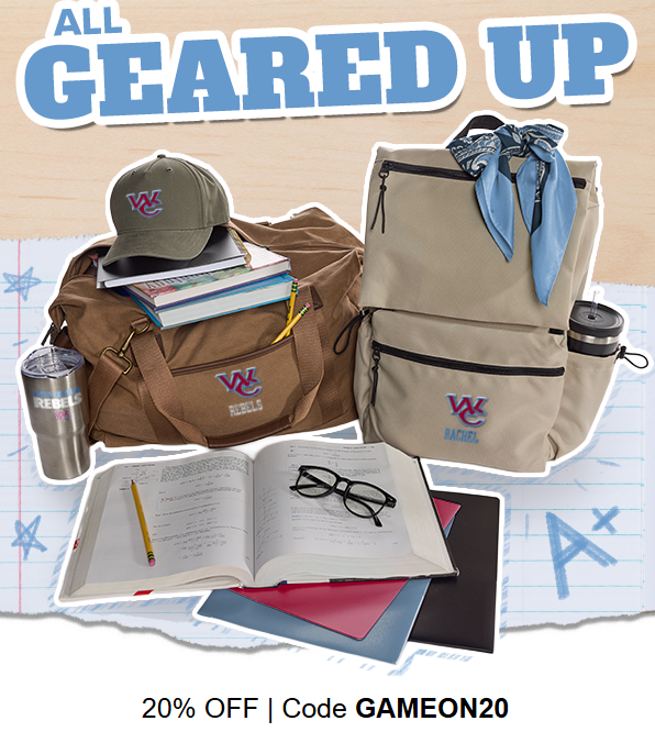 A collection of school supplies including a duffel bag, backpack, books, and a cap, all branded with 'W C Rebels'.