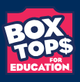 The Box Tops for Education logo features bold white text on a pink background.