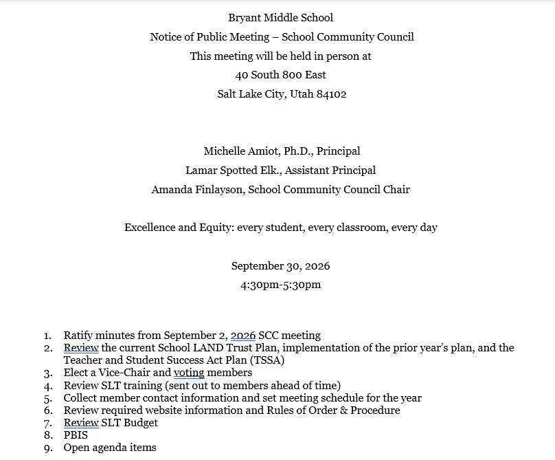 School Community Council - Wednesday, September 30 - Please join us!