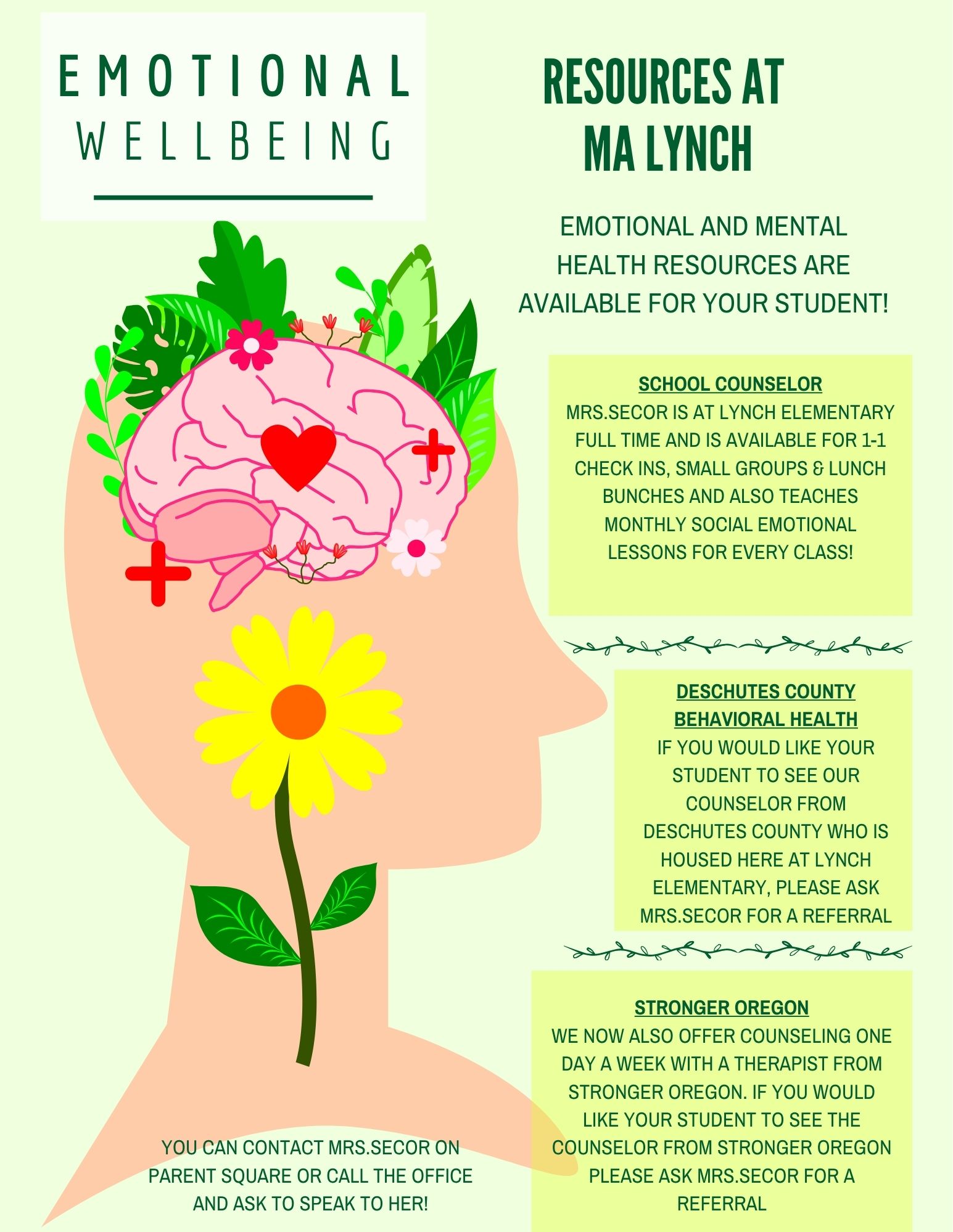 An informational flyer about emotional wellbeing and mental health resources at Ma Lynch, featuring a graphic of a head with a blooming flower and a brain.