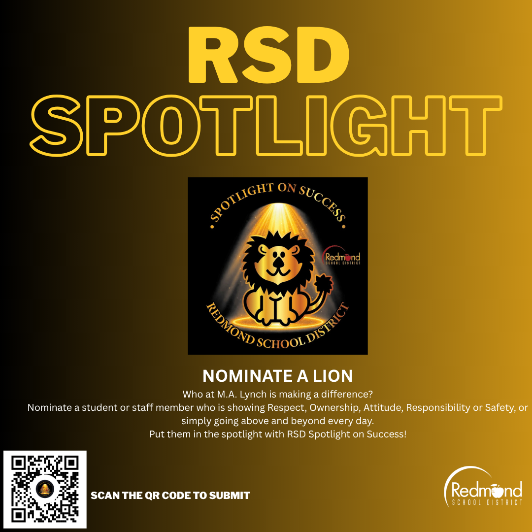 A gold and black poster for the RSD Spotlight, featuring a lion logo and instructions to nominate a student or staff member.