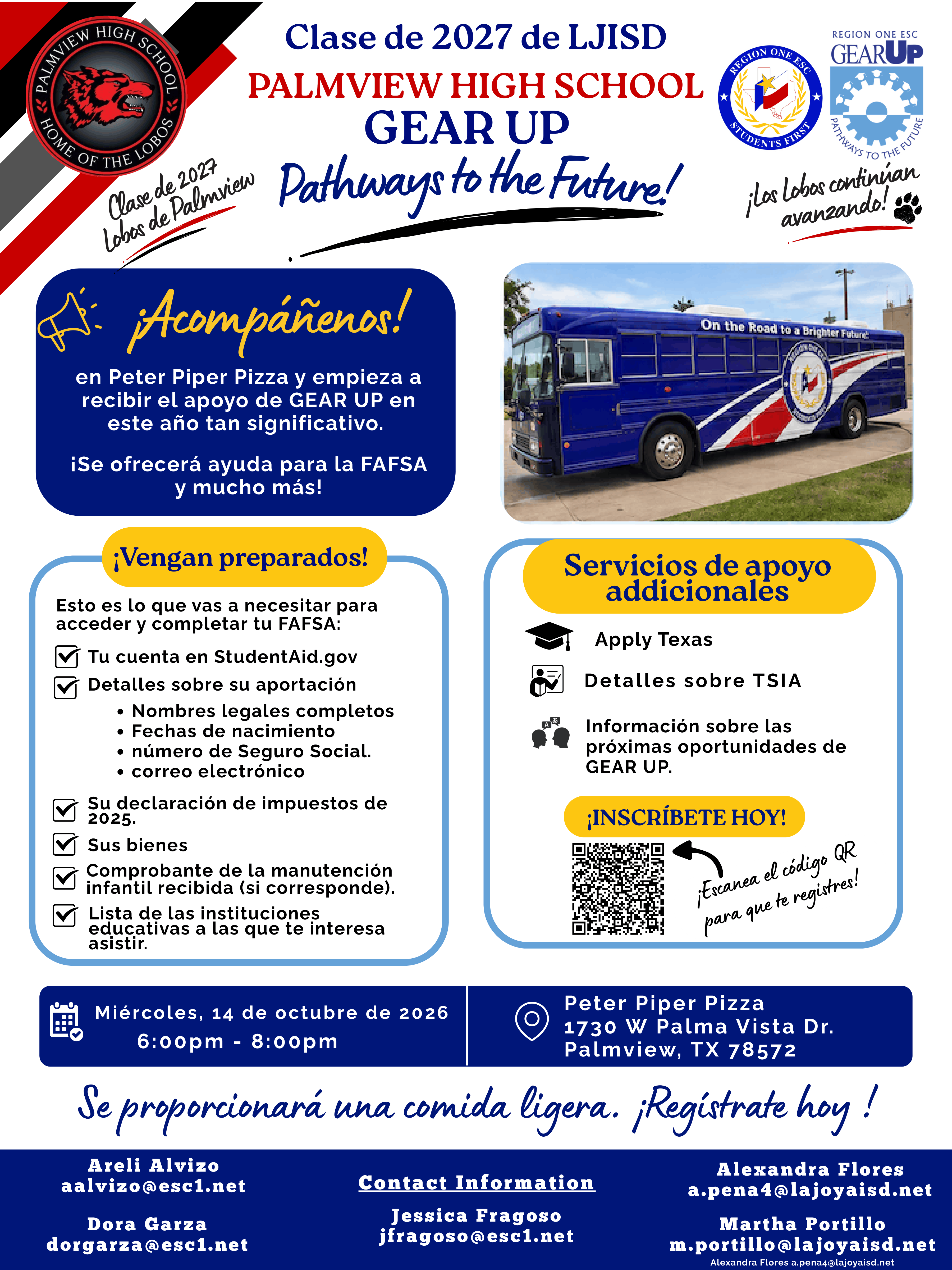 A promotional flyer for Palmview High School GEAR UP event on October 14, 2026, at Peter Piper Pizza, offering FAFSA assistance and support.