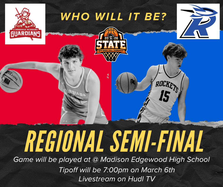 Promotional graphic for a Regional Semi-Final boys' basketball tournament game, featuring players from the Guardians and Rockets teams.