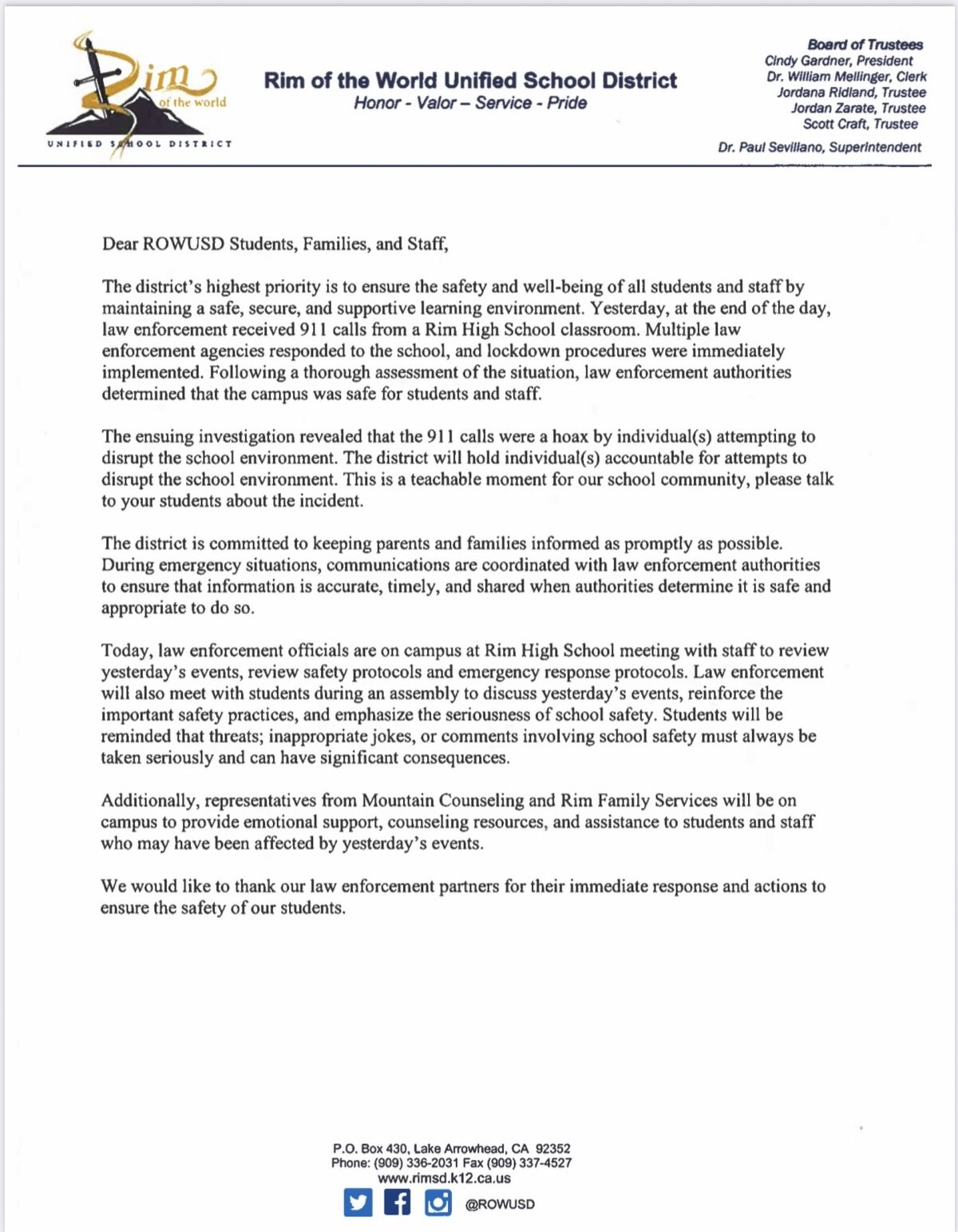 Rim High School Safety Update: Reinforcing Safety Protocols and Supporting Our Students and Staff