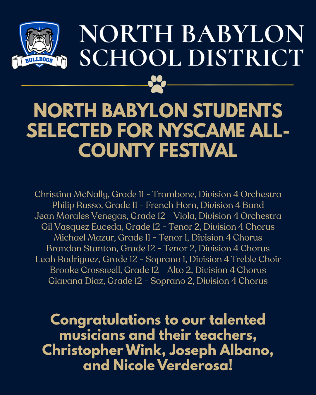 North Babylon Students Selected for NYSCAME All-County Festival