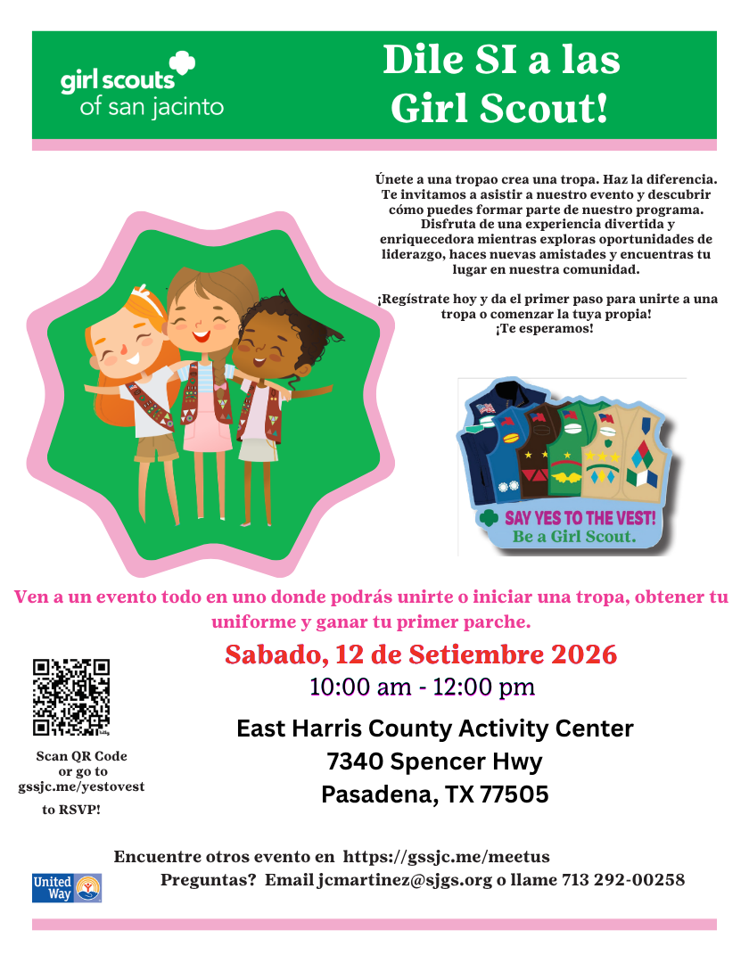 Girl Scout event in San Jacinto, featuring diverse cartoon girls and event details.