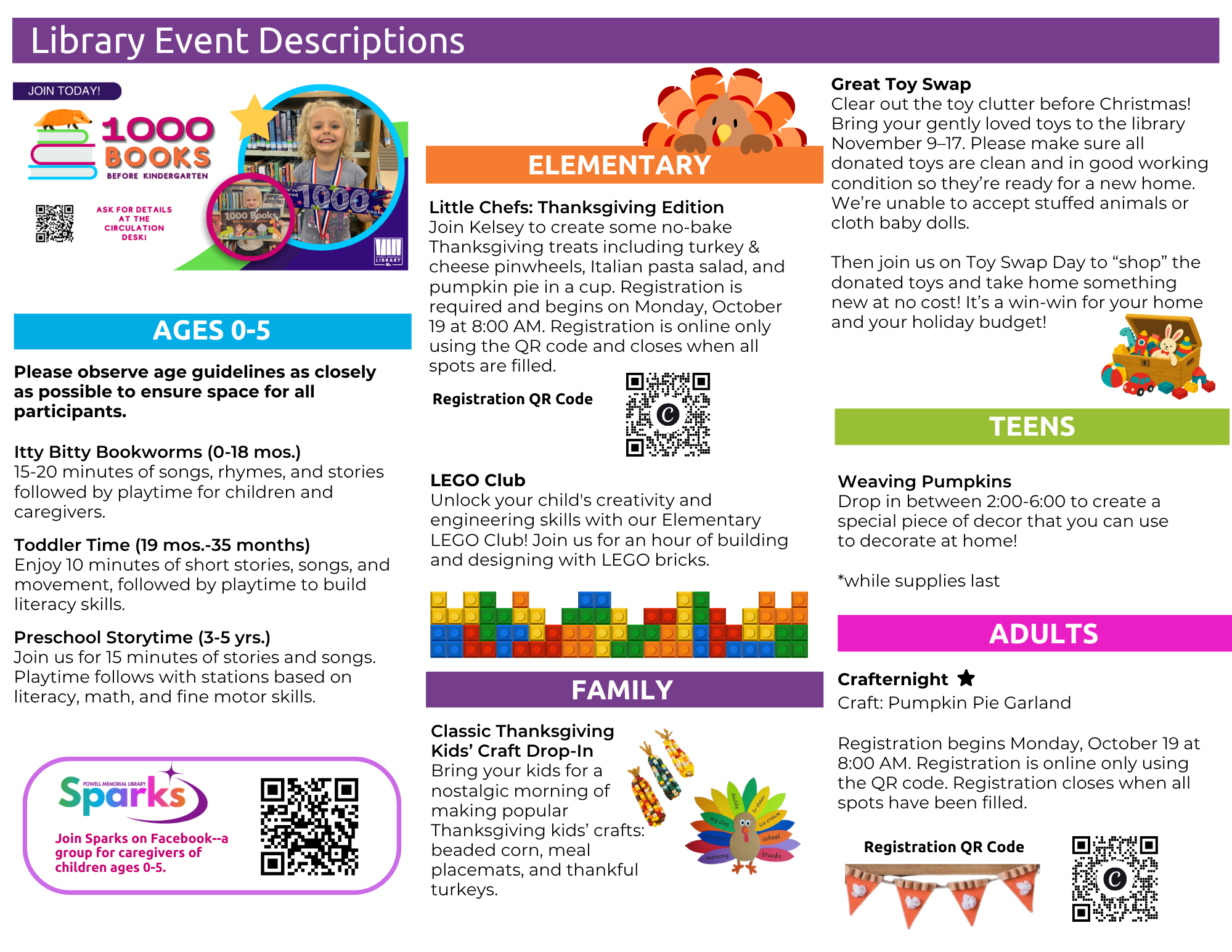 A library events flyer lists activities categorized by age groups, including elementary, teens, and adults.