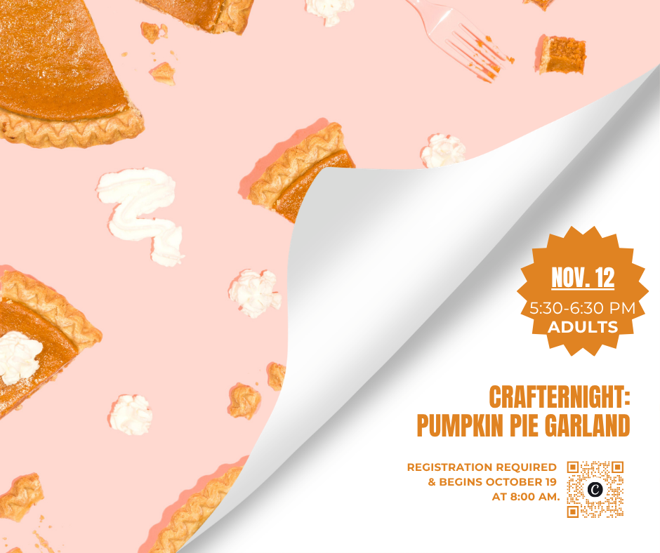 A promotional flyer for Crafternight: Pumpkin Pie Garland on a pink background with sliced pumpkin pie and whipped cream.