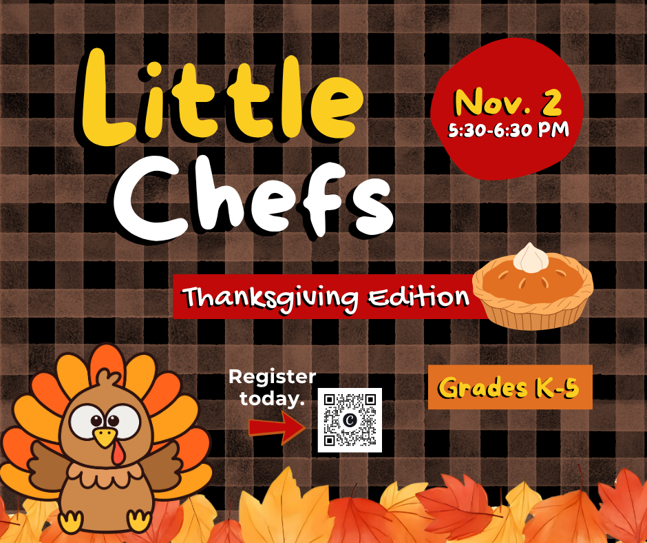 A promotional flyer for 'Little Chefs Thanksgiving Edition' featuring a turkey, pie, QR code, and autumn leaves against a brown plaid background.