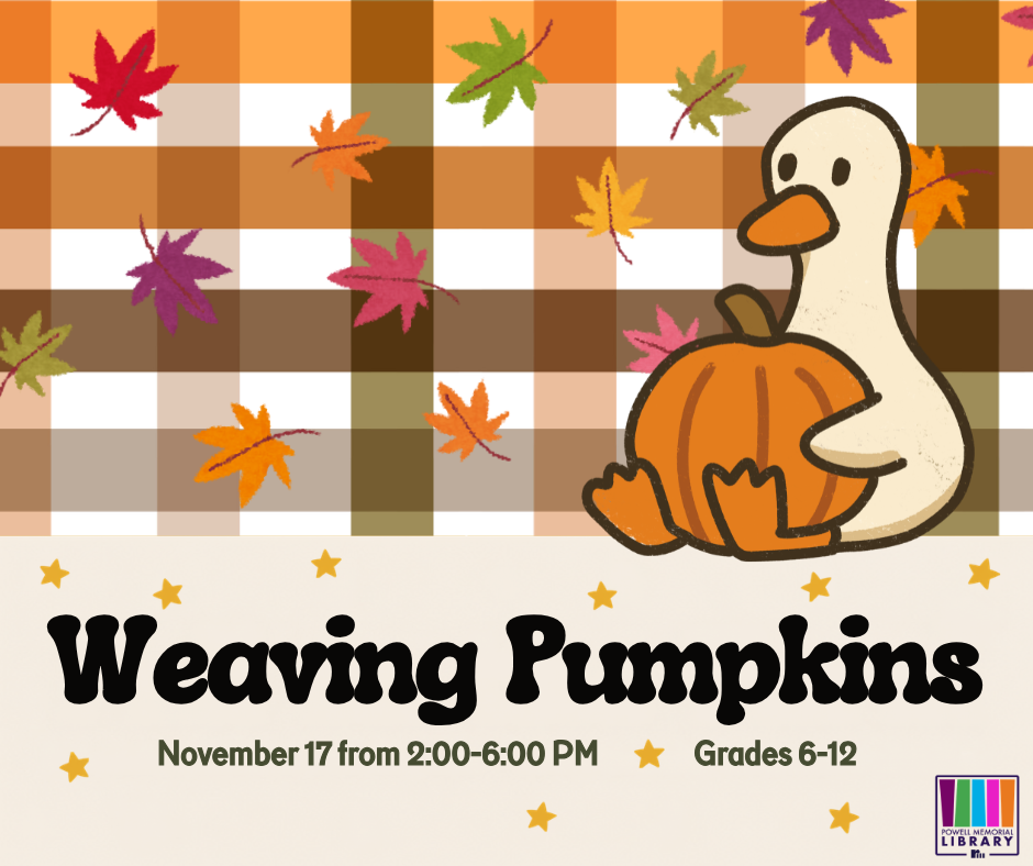 A cute illustrated duck holds an orange pumpkin against an autumn plaid background with falling leaves.