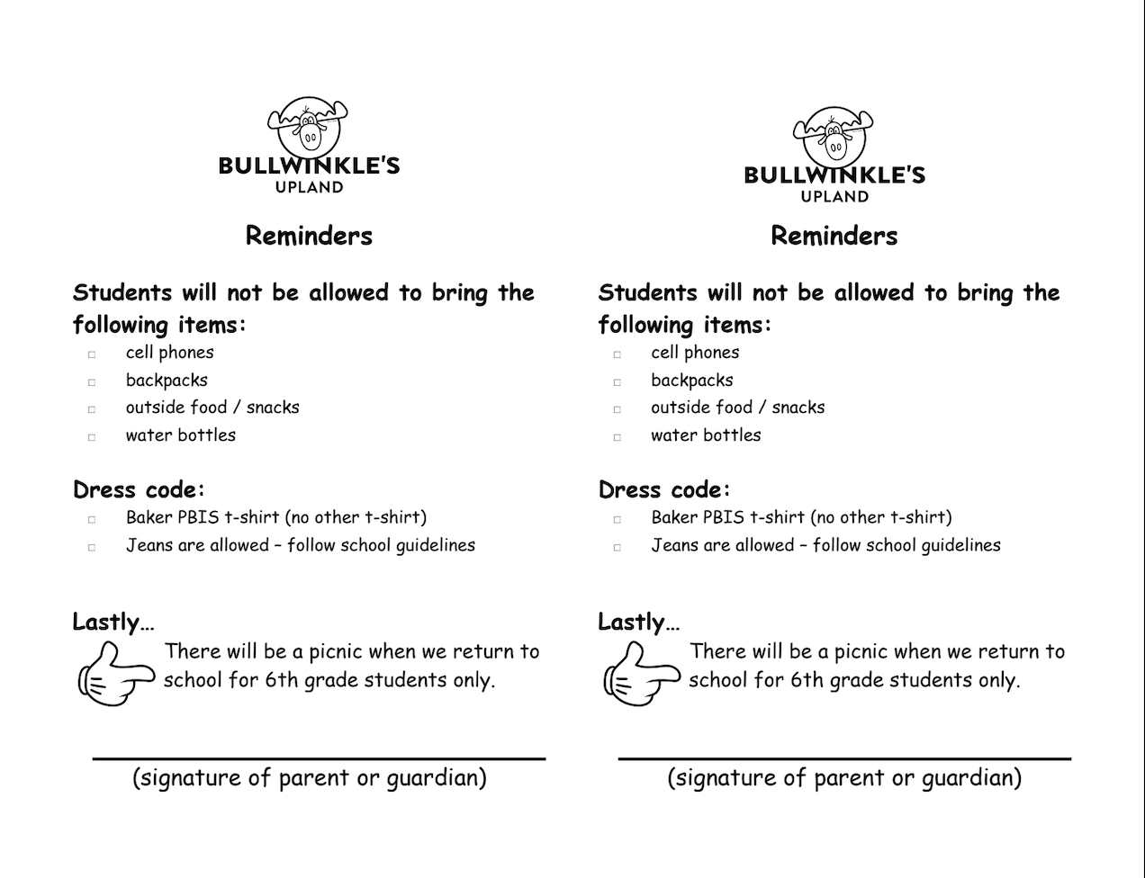 6th Grade Field Trip Permission Slips and Reminders
