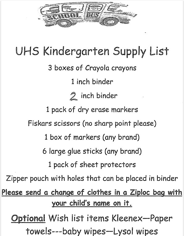 2026-2027 Union Heights School Supply List