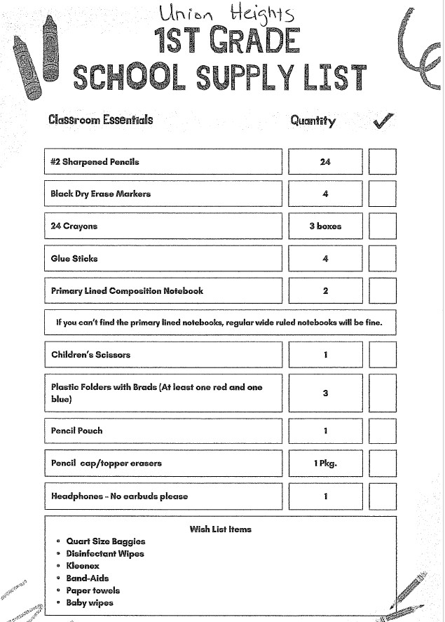 A school supply list for Union Heights 1st Grade, detailing classroom essentials and quantities.