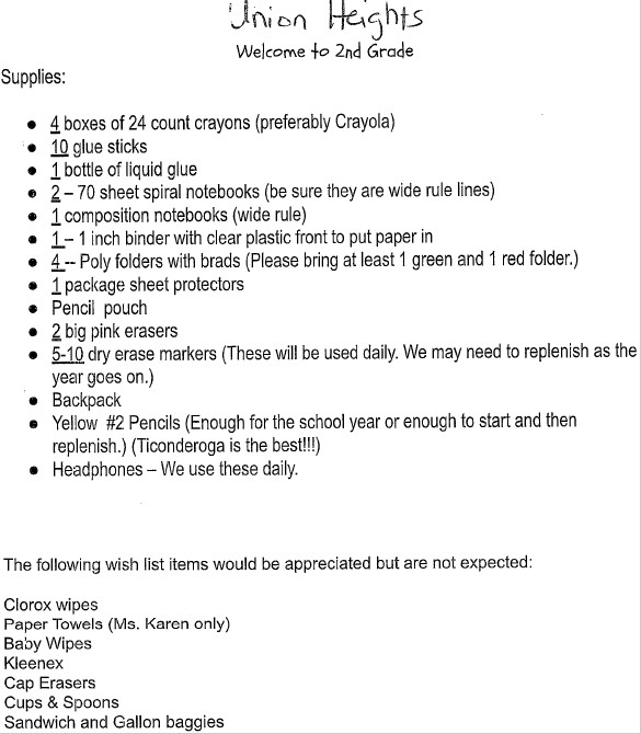 A list of school supplies for Union Heights 2nd Grade, including crayons, glue, notebooks, and a backpack.