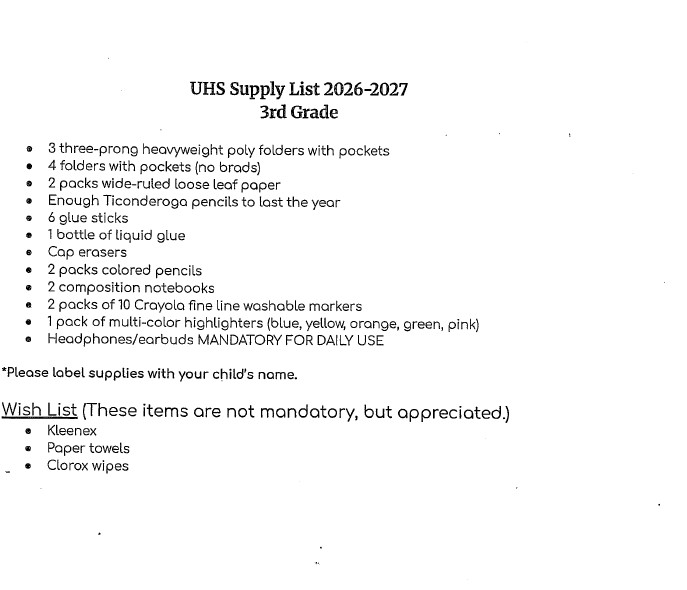 UHS 3rd Grade Supply List for 2026-2027, detailing required items like folders, paper, pencils, and markers.