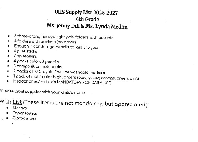 UHS 4th Grade supply list for Ms. Jenny Dill & Ms. Lynda Medlin for 2026-2027.