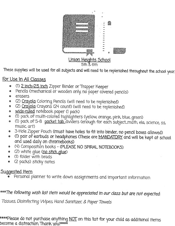 A school supply list for Union Heights School, 5th & 6th grade, detailing required items for all classes.