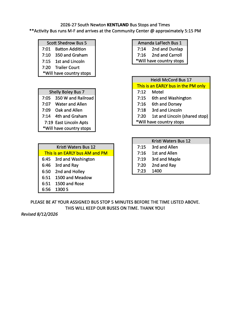 Bus Routes/TImes for 2026-27