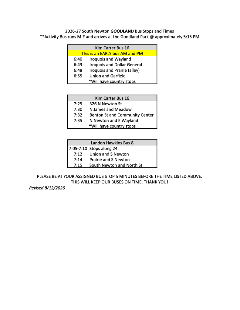 Bus schedule for 2026-27 South Newton GOODLAND, listing stops and times for Kim Carter Bus 16 and Landon Hawkins Bus 8.