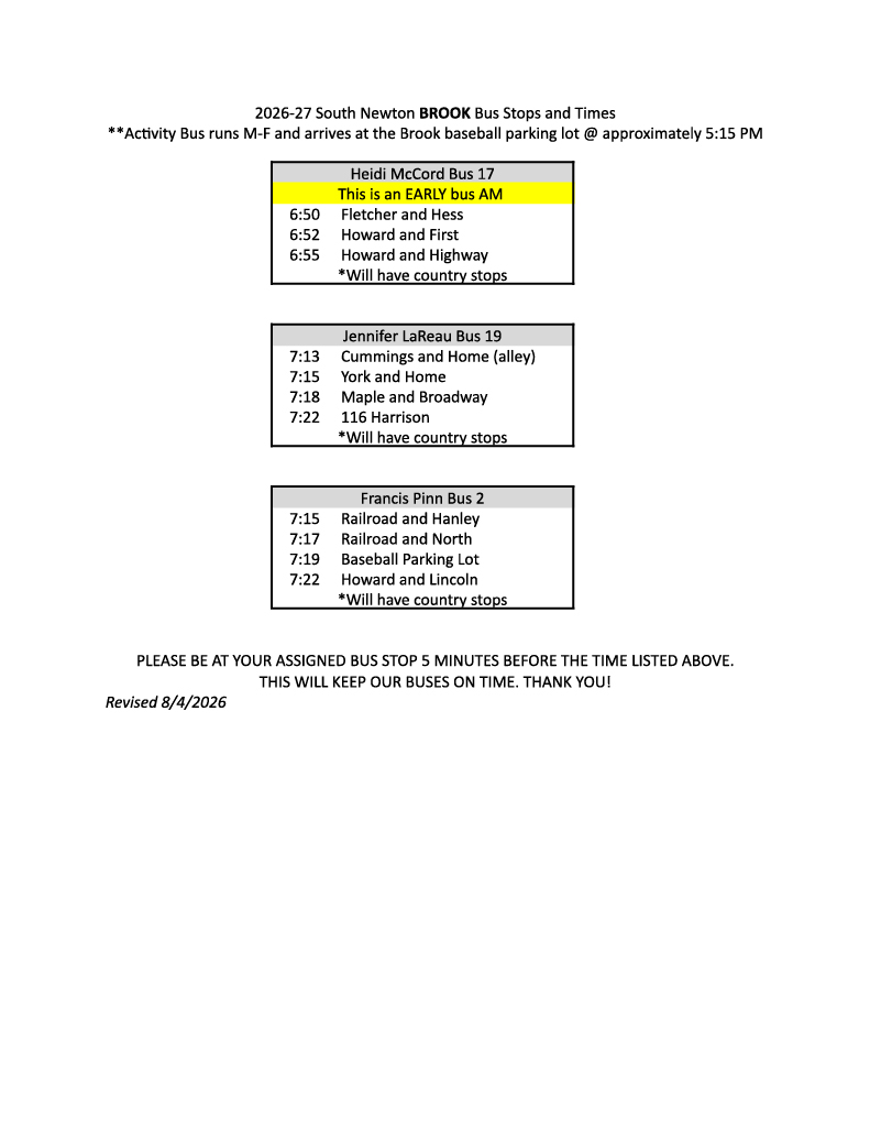 Bus schedule for 2026-27 South Newton BROOK, listing stops and times for three buses: Heidi McCord Bus 17, Jennifer LaReau Bus 19, and Francis Pinn Bus 2.