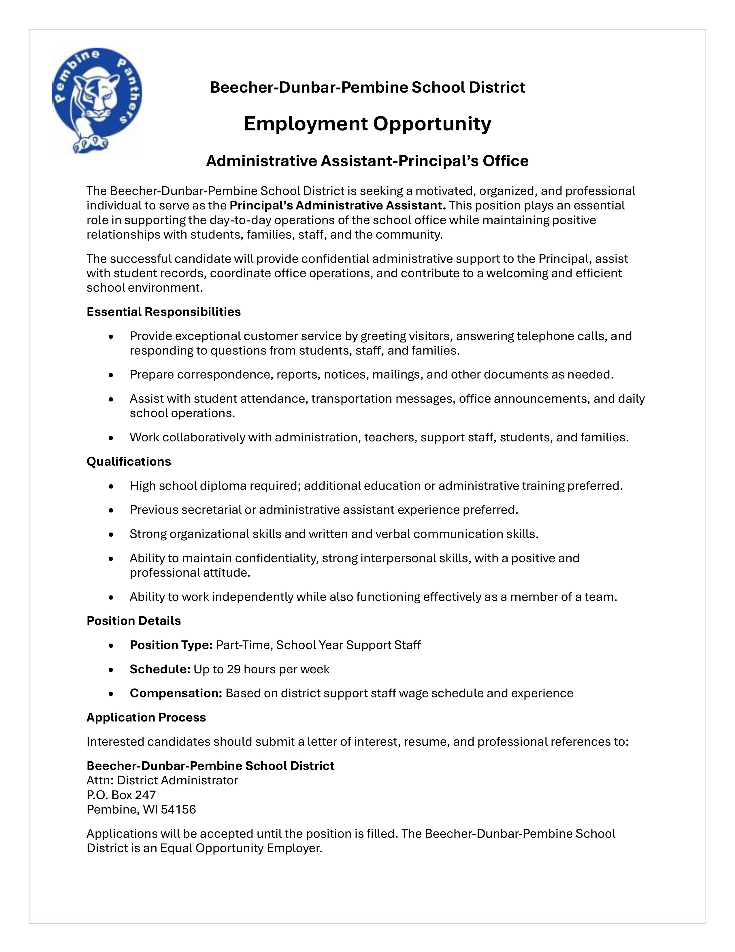 Employment Opportunity - Administrative Assistant - Principal's Office