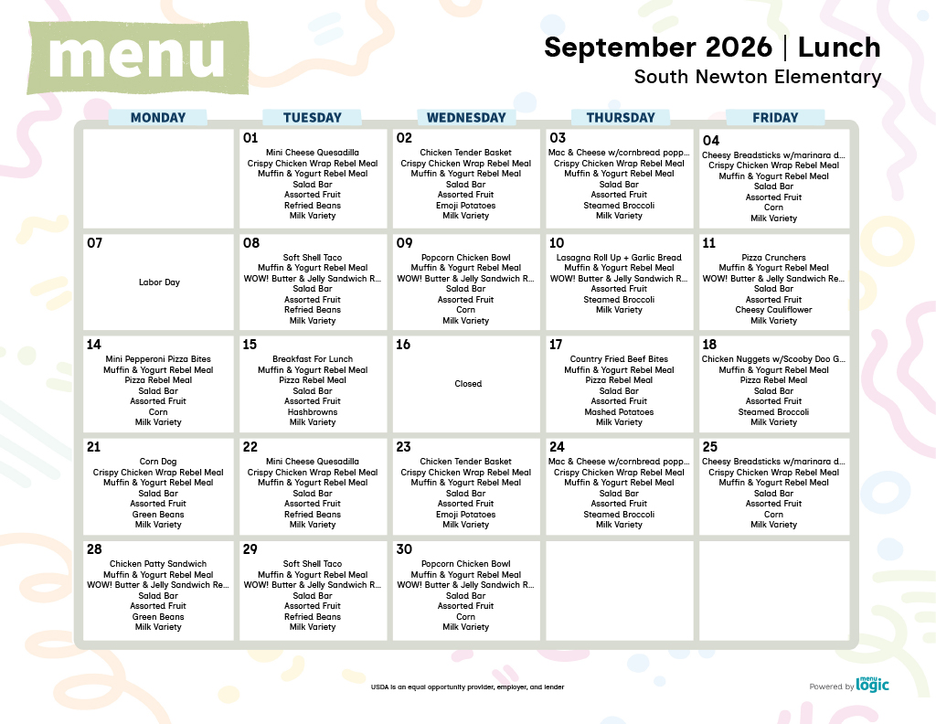 September 2026 lunch menu for South Newton Elementary, showing daily meal options.
