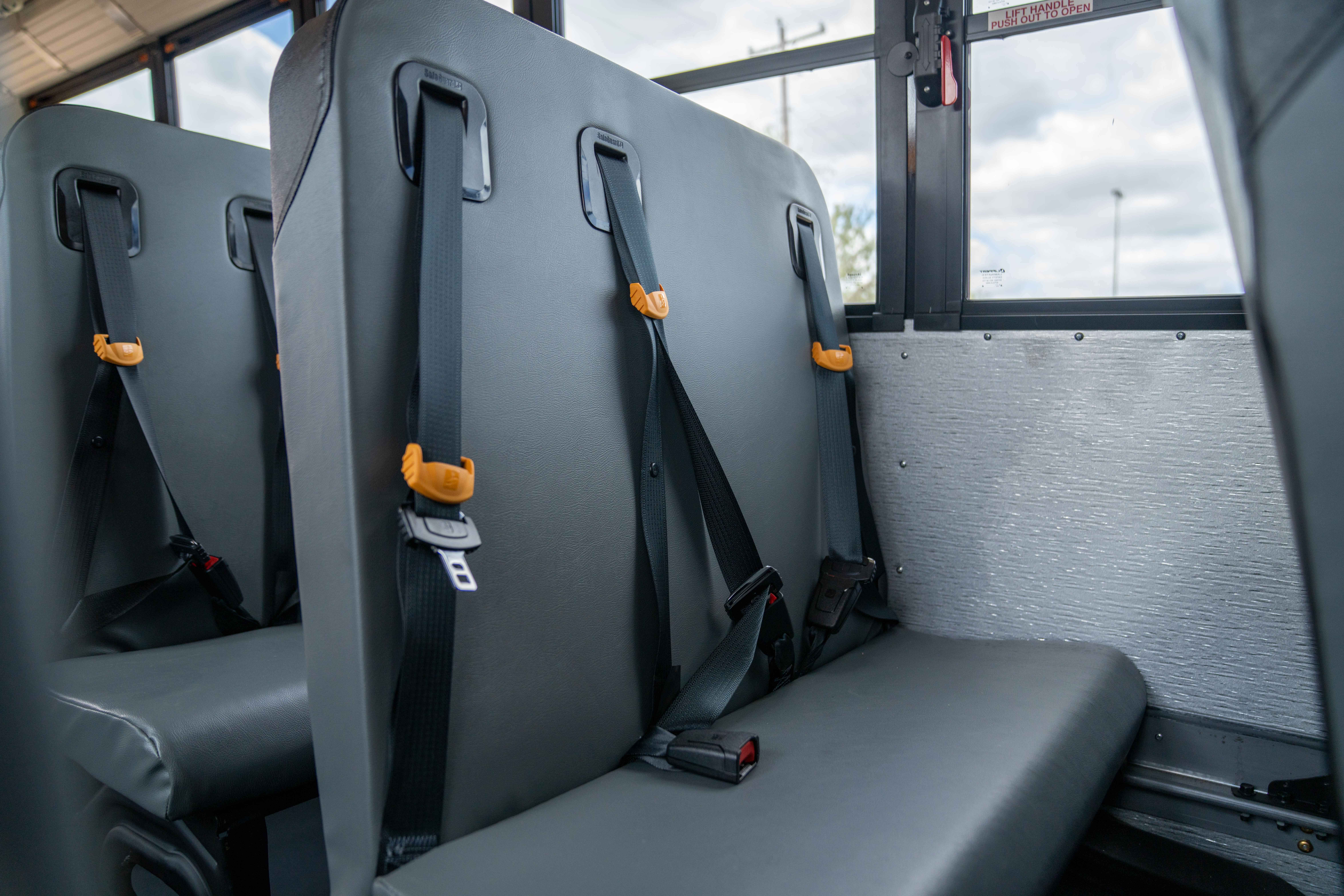 Interior view of empty grey school bus seats featuring attached black safety harnesses and seatbelts.