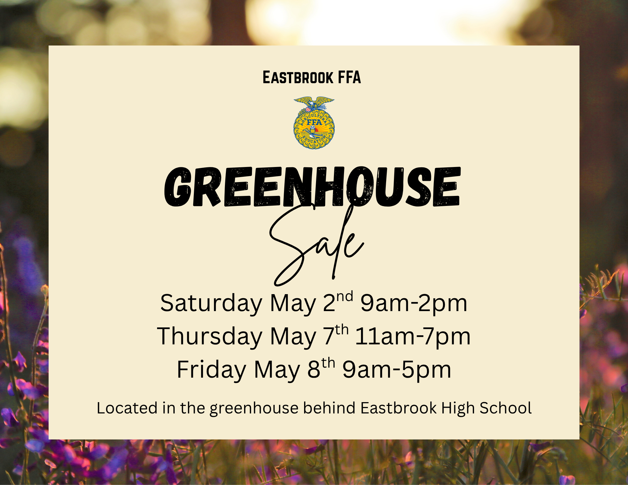 Greenhouse Sale 5/7 11am-7pm and 5/8 9am-5pm