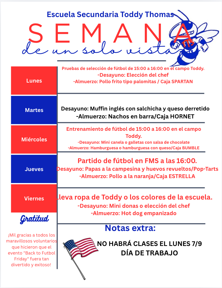 A weekly schedule for Toddy Thomas Secondary School, detailing daily activities and meals.