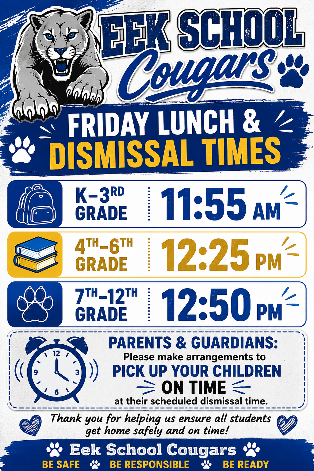 Friday Lunch/Dismissal Times for Eek School 2026-2027
